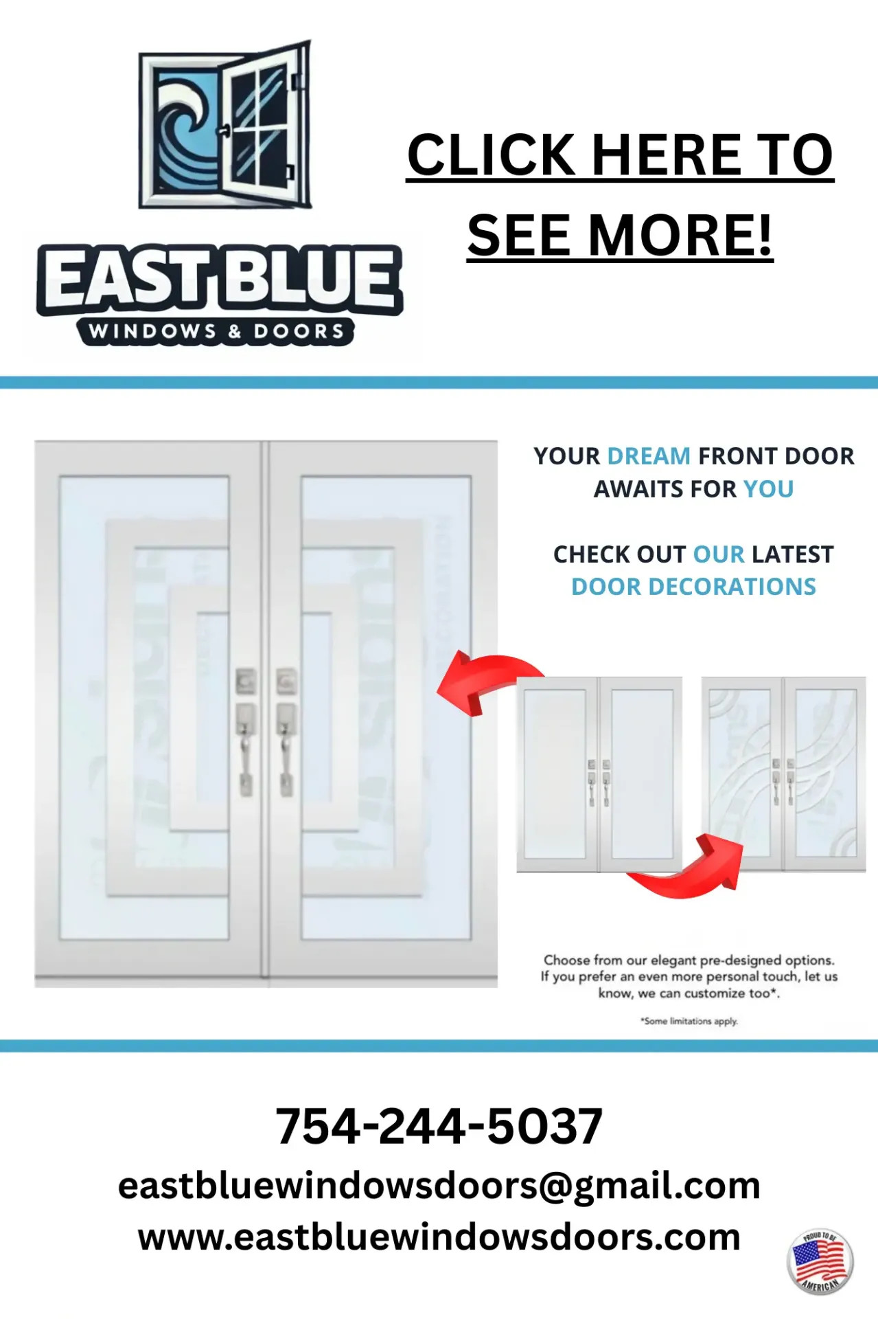 Modern hurricane impact front door with decorative glass