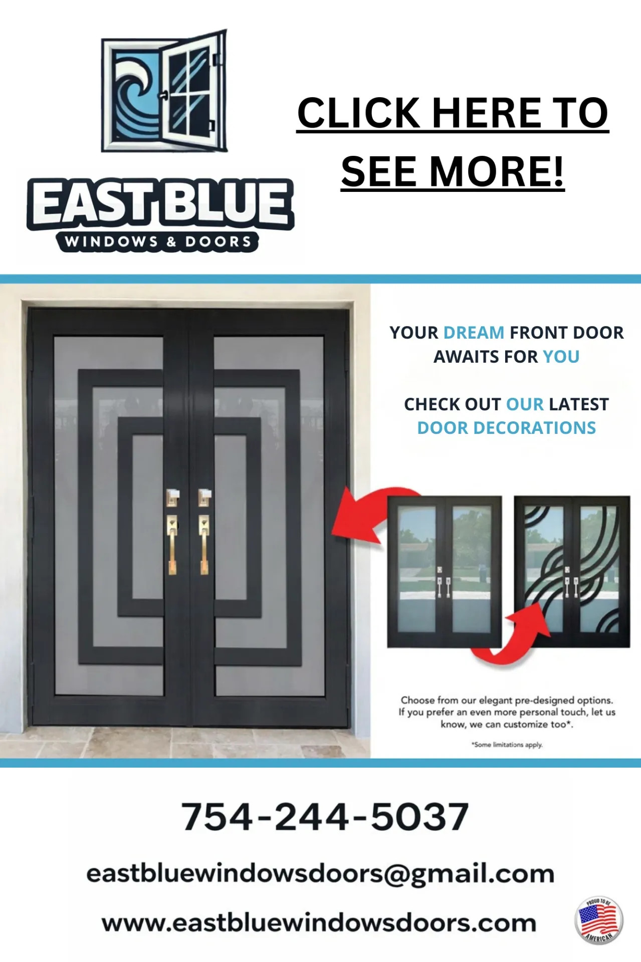 Modern hurricane impact double entry door with decorative glass